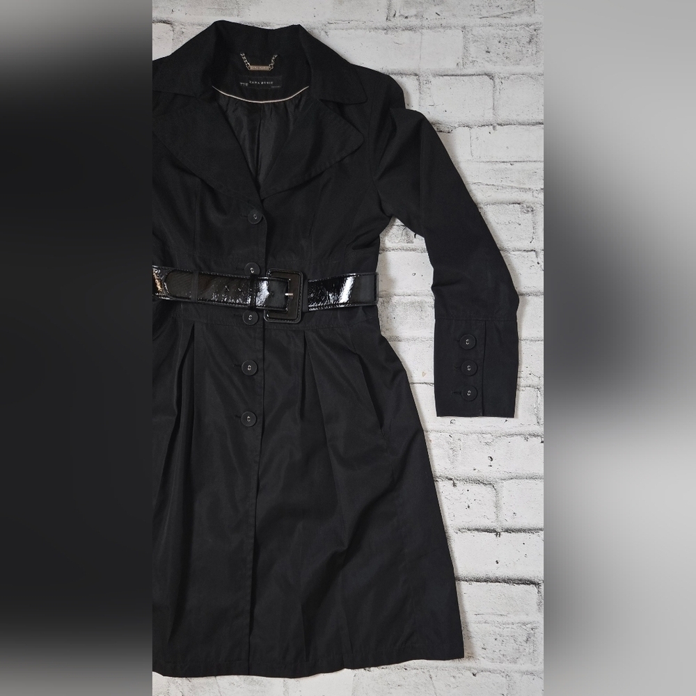 ZARA Black Belted Trench Coat Longline Classic Button Front Size Large - Picture 5 of 15